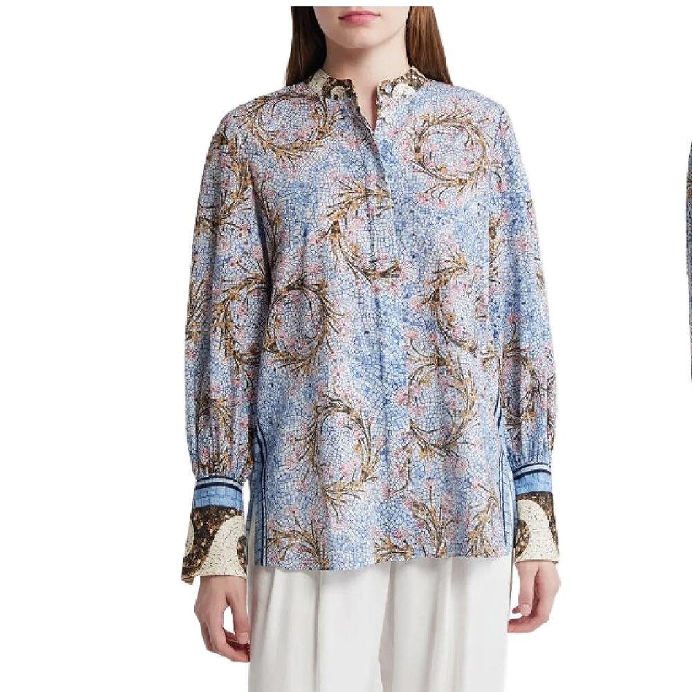 KOBI HALPERIN Darcie Mosaic Floral Print Top Small Blue Pink Eyelet Cotton